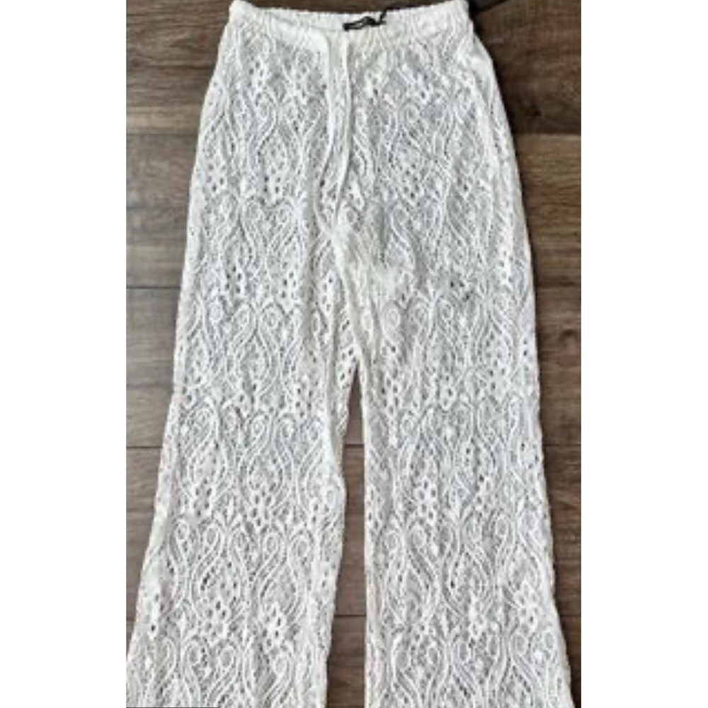 Spiaggia Dolce White Lace Beach Cover Up Pants Wide Leg Drawstring Tassel Small